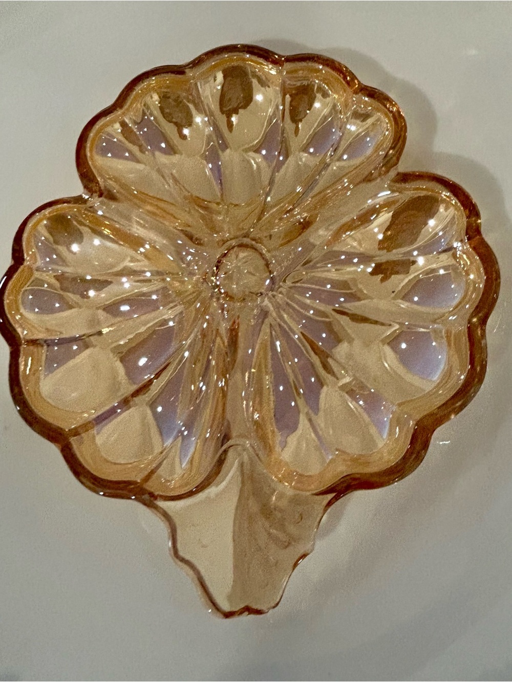 1960s Jeannette Glass Co marigold iridescent carnival 3 leaf clover flower dish